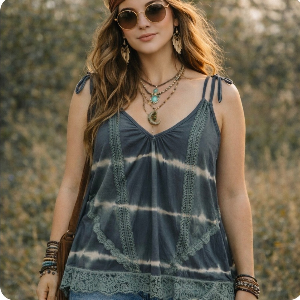 POL Lace Trim Cami Tank Top Size M Charcoal Grey Tie Dye Boho Moody Festival Y2K